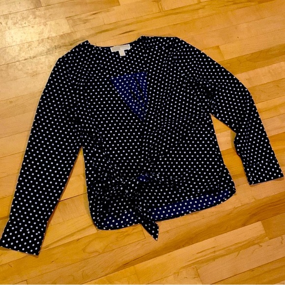 Women’s Michael Kors Navy Blue Polka Dot Tie Wrap Blouse - Picture 1 of 8